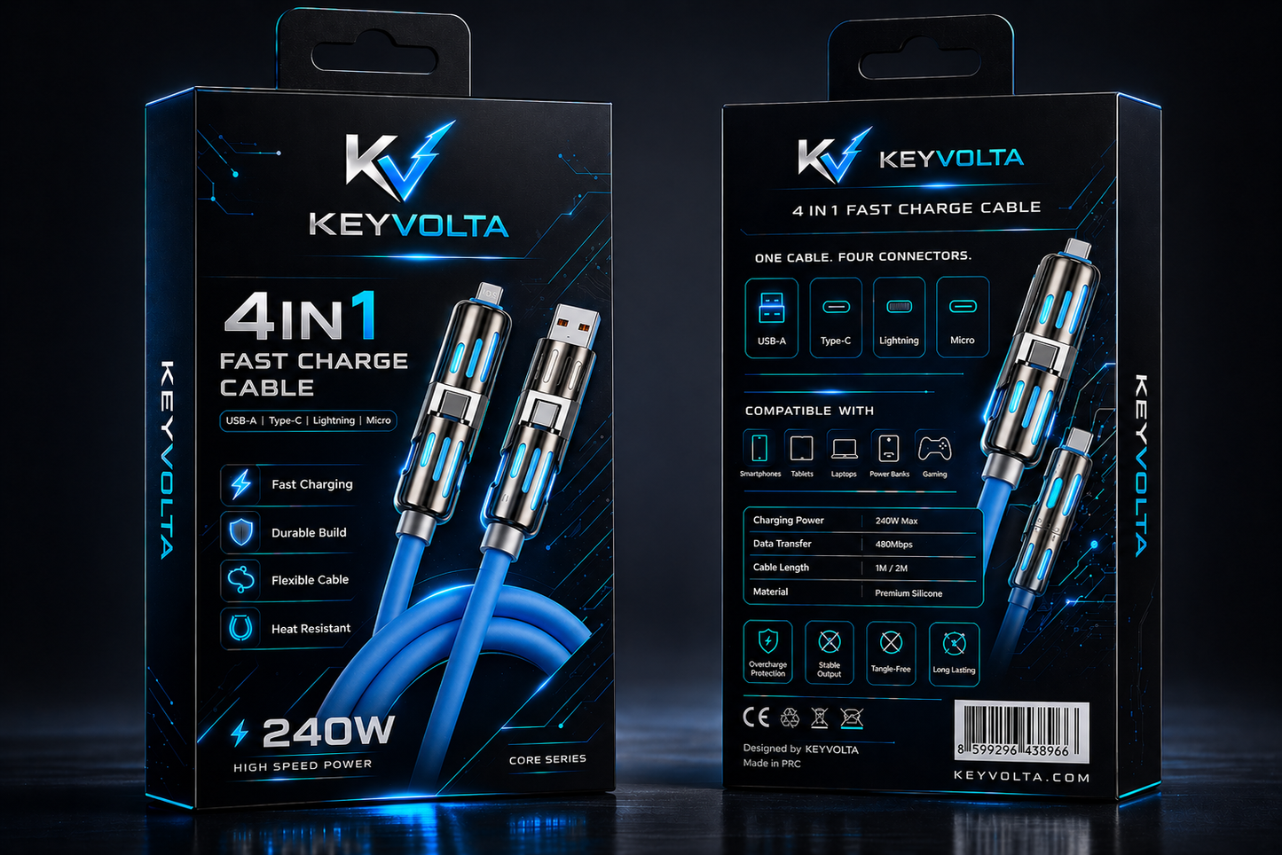 Keyvolta 4in1 RGB LED Hızlı Şarj Kablosu 100W Type-C Lightning Micro USB Çoklu Uyumlu Premium
